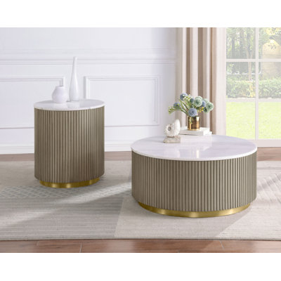 Vytautas 2-Piece Round White Marble Coffee Table Set Honey Brown