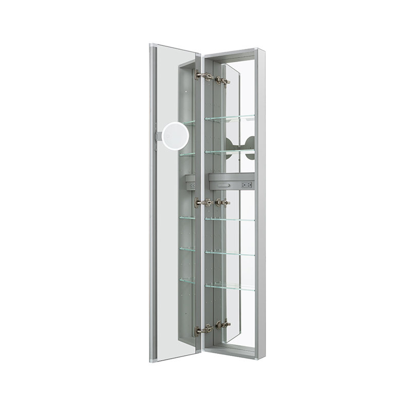 Charnière gauche haute l 15 po x H 70 po x P 5 po Royale, armoire à pharmacie haute, désembueur, miroir grossissant réglable verticalement à 3 lumières DEL, prises électriques, organisateur magnétique