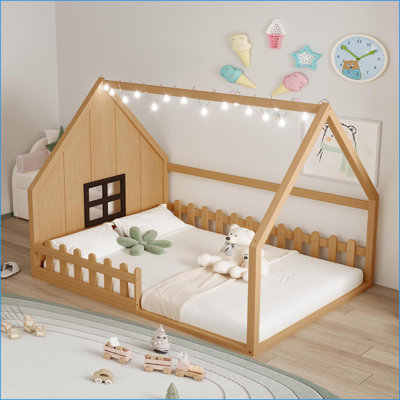 Full Size Pine Wood &amp; MDF Platform Bed with Window Fence, Natural – No Box Spring Required