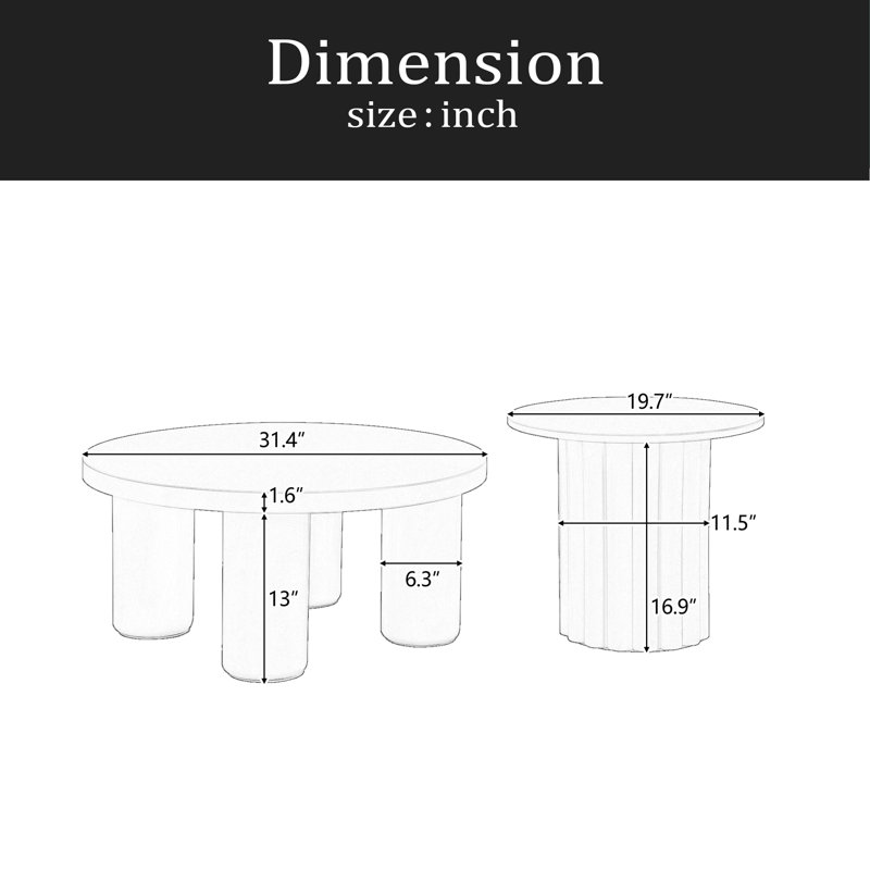 Ensemble de 2 tables basses modernes avec pieds cylindriques et 1 table de bout pour le salon