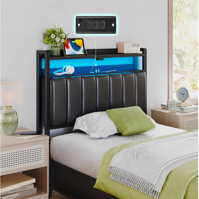 Berte Storage Upholstered Headboard With RGB LED Lights & Charging Station by Ebern Designs