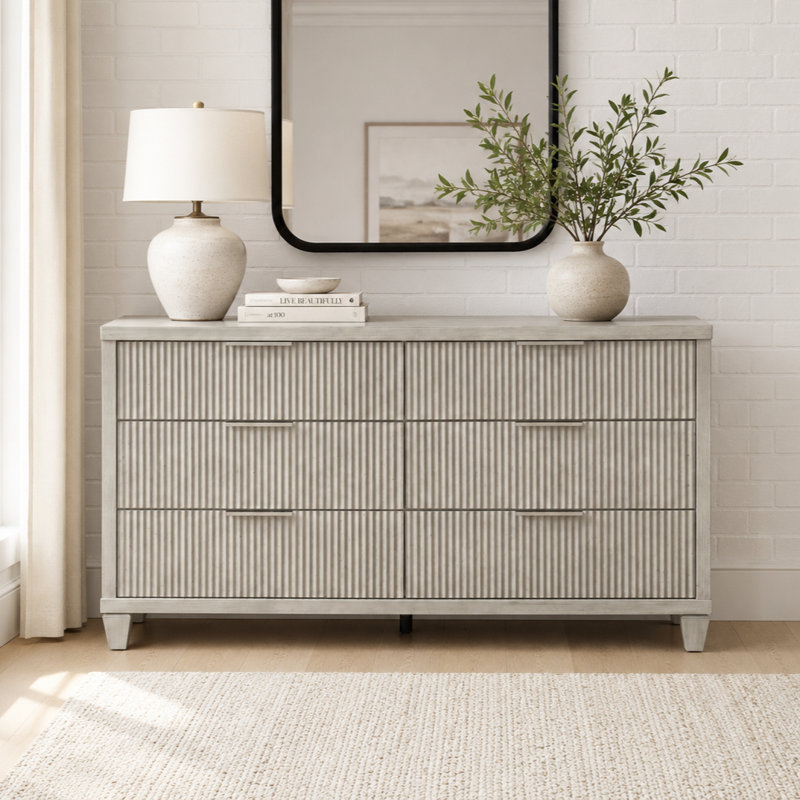 Aurelin Mid-Century Modern 54.8"W 6 Drawer Dresser, Anti White