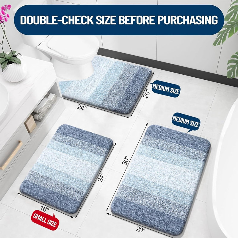 Ensembles de tapis de salle de bain 3 pièces, tapis de bain en microfibre douce absorbante et tapis de toilette en forme de U, bleu