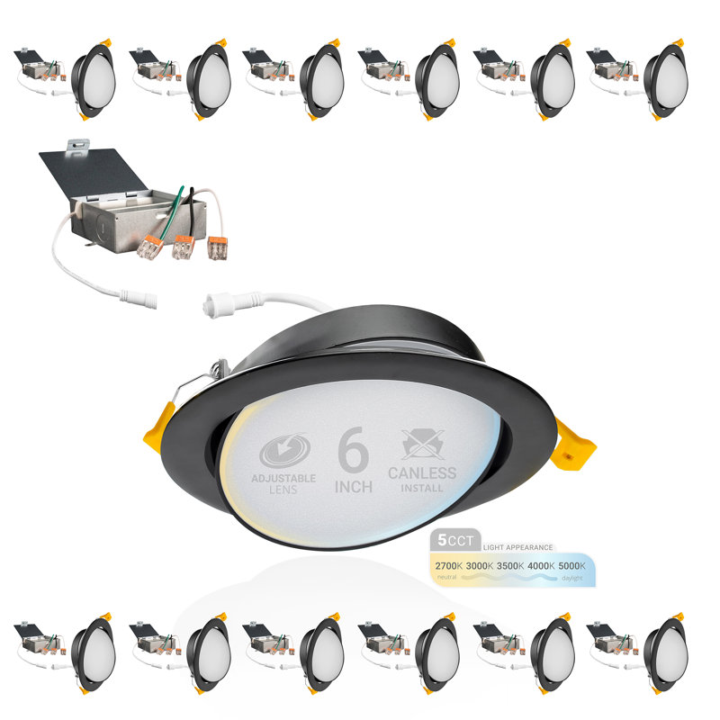 Adjustable Downlight 6'' Selectable Color Temperature Dimmable IC Rated LED Canless Recessed Lighting Kit, Black