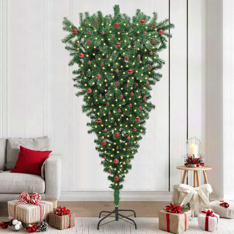 vidaXL Upside-down Artificial Pre-lit Christmas Tree with Ball Set, 7.87 ft