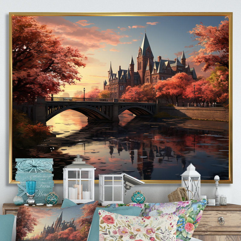 «College On Pond Memories» sur toile, H 12 po x l 20 po x P 1 po, Cadre flottant doré