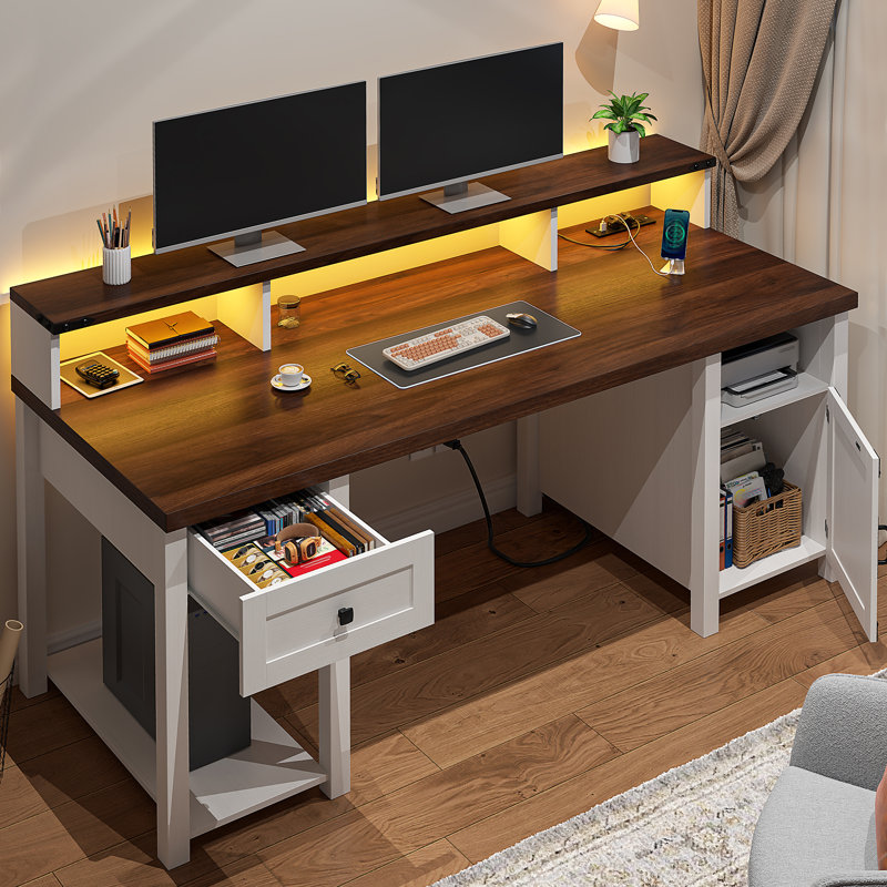 55" Computer Desk With Drawers Home Office Desk With Drawers With Monitor Shelf Farmhouse Wood Desk With Power Outlets