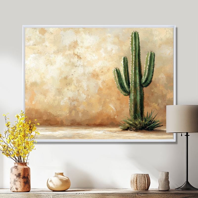 Cactus dans le désert VI - art mural cactus, H 30 po x l 40 po, Cadre flottant, Blanc