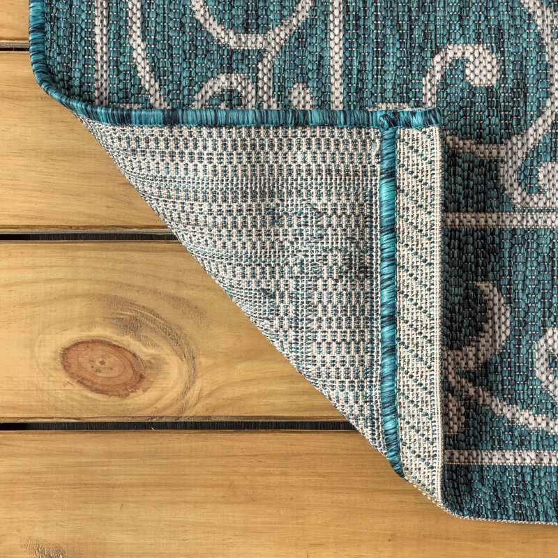 Hagerman Vintage Filigree Textured Weave Teal/Gray Indoor/Outdoor Rug, Square 7'9"