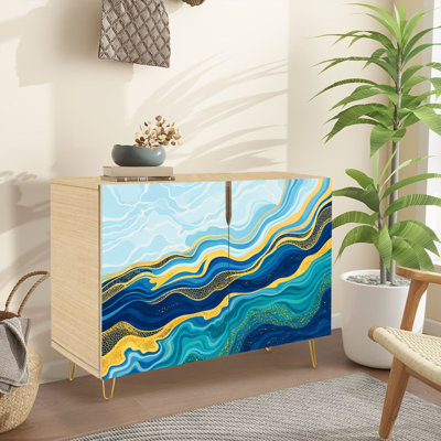 Buffet étroit de 35,4 po de largeur - armoire de rangement d'appoint à 2 portes avec impression liquide de texture de pierre artificielle en marbre bleu et pieds en métal