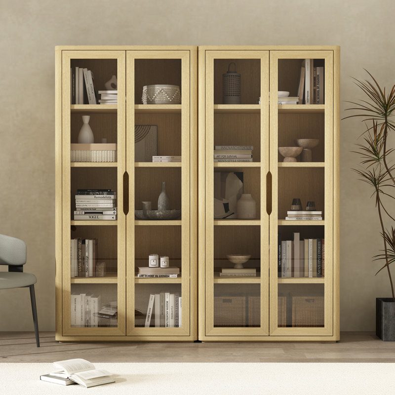 Rivington 79" H x 38" W Modern 5-Shelf Bookcase Cabinet with Glass Doors in Natural Oak, Natural Oak