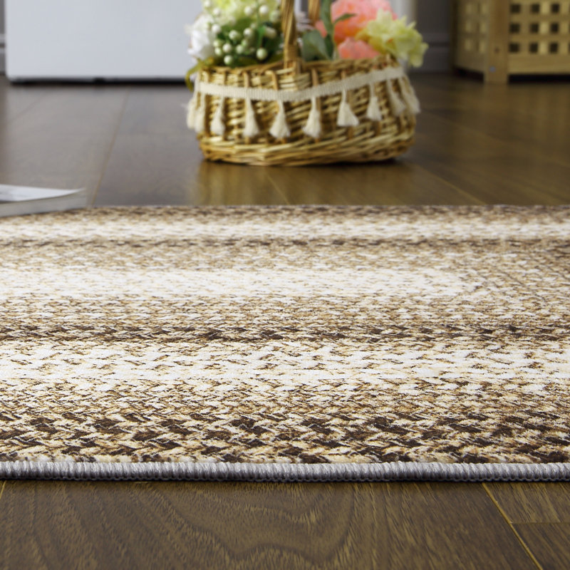Washable Rug 5x7 Farmhouse Living Room Rug with Non Slip TPR Backing, Rustic Braided Print Carpet, Non Shedding Low Pile Thin Floor Covering, Indoor Foldable Mat for Bedroom, Beige