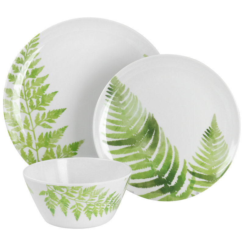 White and Green Fern Melamine 12-Piece Dinnerware Set
