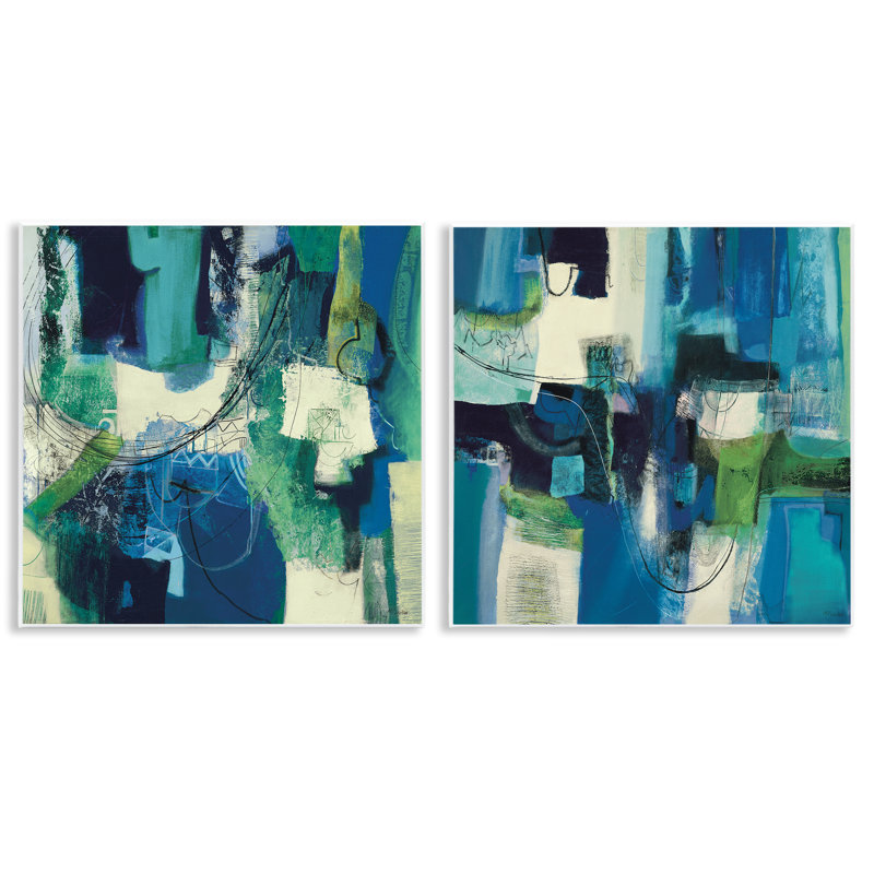 Ensemble de 2 plaques murales bleues et vertes abstraites, design par Maurizio Piovan