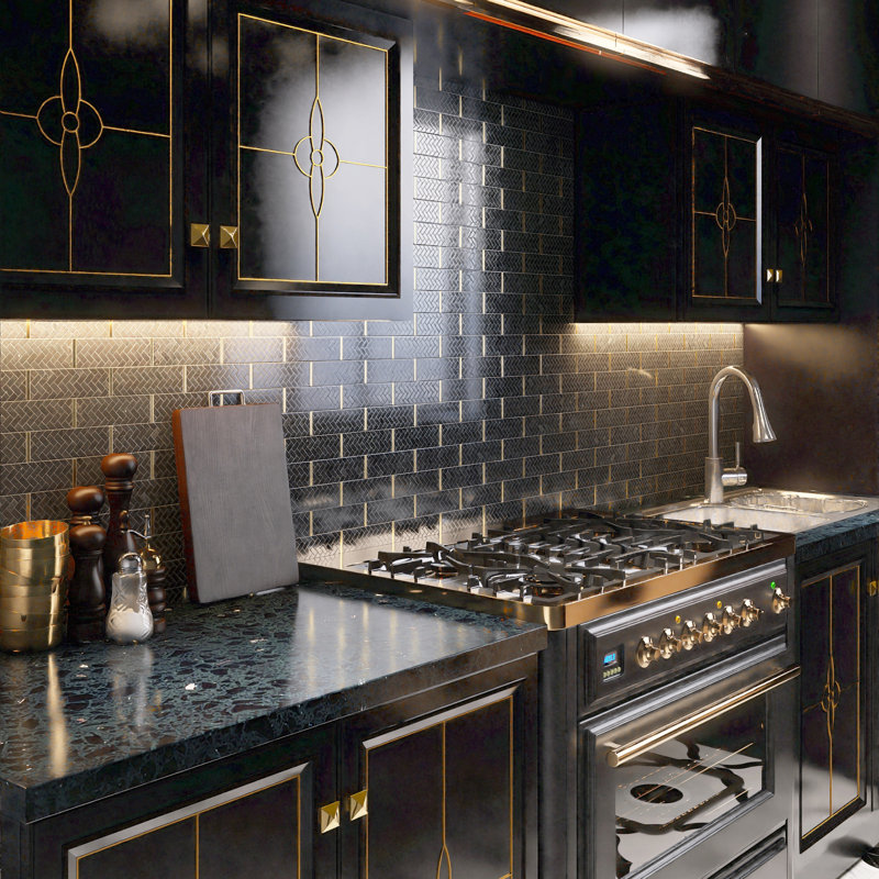Natural 3" x 3" Natural Stone Brick Joint Mosaic Wall Tile, Black/Gold