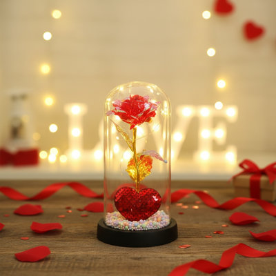 Fleurs artificielles roses élégantes et réalistes - Fleur de beauté éternelle réaliste avec couvercle en plastique et lumières DEL pour la Saint-Valentin, cadeaux pour la fête des Mères, décoration de mariage et décoration romantique pour la maison