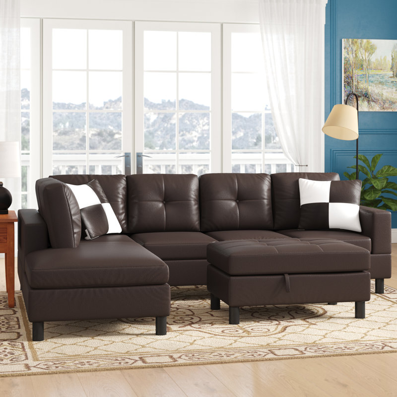 Faux Leather L-Shaped Sectional, Left Hand Facing, Espresso Faux Leather
