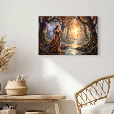 Fée avec des ailes de papillon dans une forêt d'automne, art mural sur toile