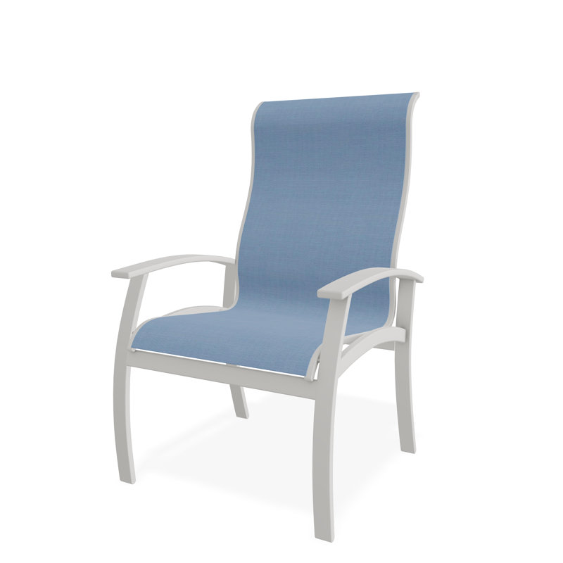 Belle Isle Sling Aluminum Frame Dining Height Supreme Arm Chair with Marine Grade Polymer Arm Accent, Sky, Snow