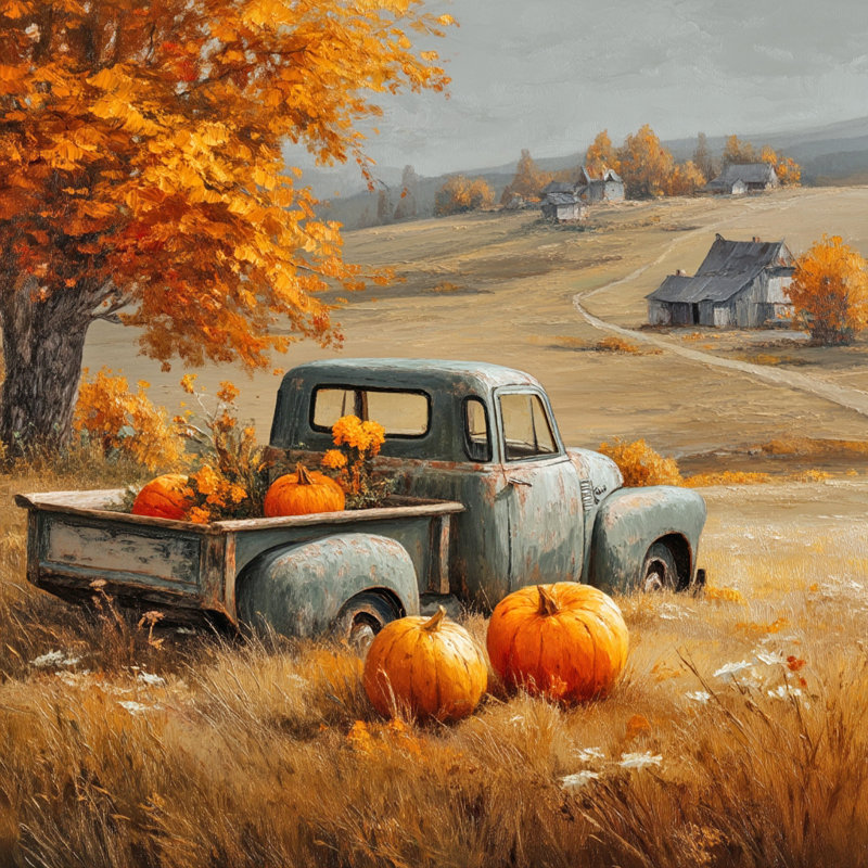 «Pumpkins in Countryside Truck», art mural sur toile tendue