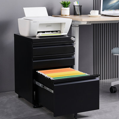 3 - Drawer Metal Filing Cabinet For Office, Black Colour, Installation Needed, 2 Stationery Drawers With Standard Pens And Erasers, 1 File Drawer, Tipping Fifth Wheel, 4 Swivel Universal Wheels Office