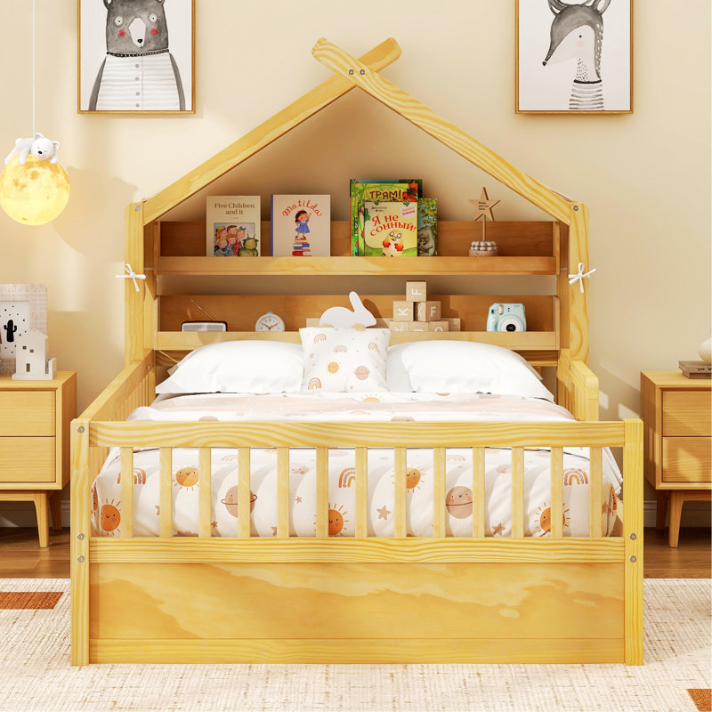 Lit de cabane en bois avec tête de lit et tablette de rangement, cadre de lit pour chambre à coucher, Lit simple, Naturel