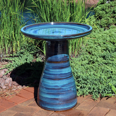 Leominster Freestanding Ceramic Outdoor Bird Bath with UV-Resistant Finish - Blue