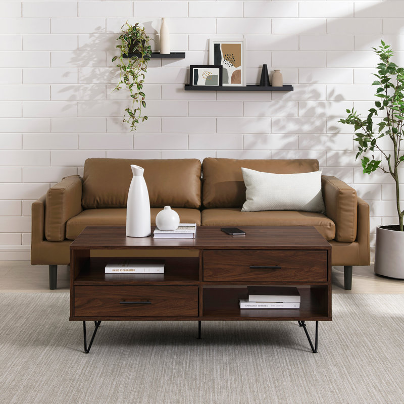 Table basse à 2 tiroirs avec rangement ouvert, Noyer foncé