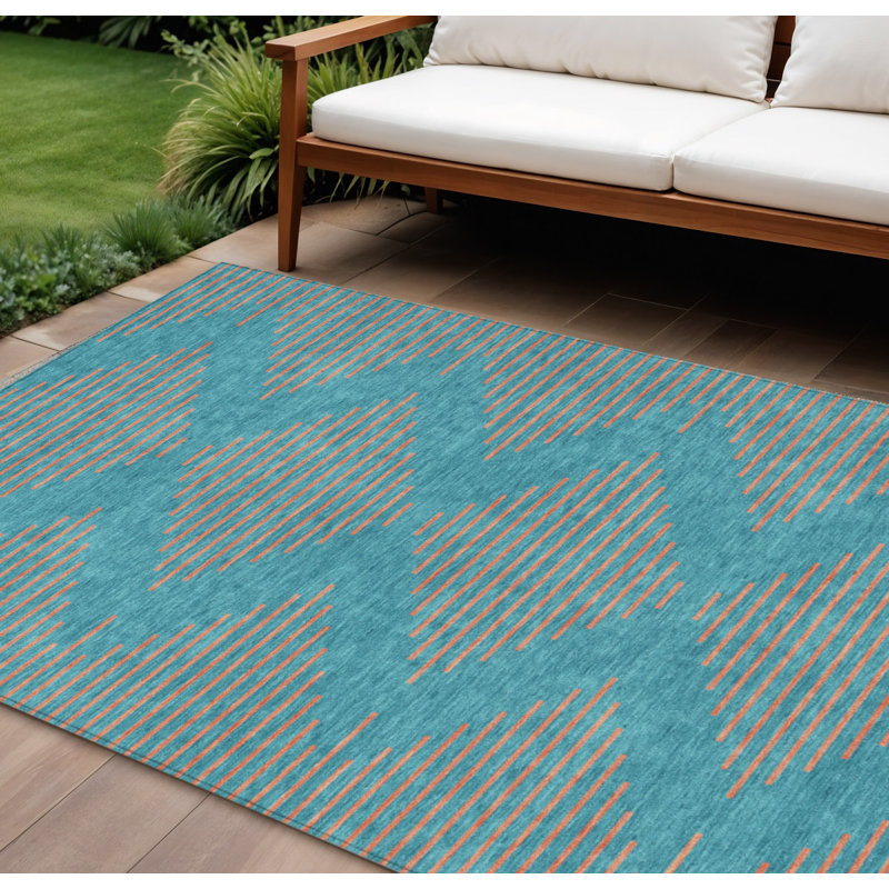 Tapis intérieur / extérieur bleu sarcelle lavable géométrique 8 pi x 10 pi HomeRoots