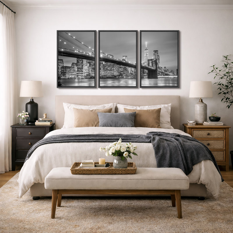 «Architecture Bridge», pont de Manhattan à New York, art moderne, photographie contemporaine en noir et blanc, impression sur toile encadrée, 3 pièces, art mural 16 po x 24 po x 3, 24 po x 36 po x 3