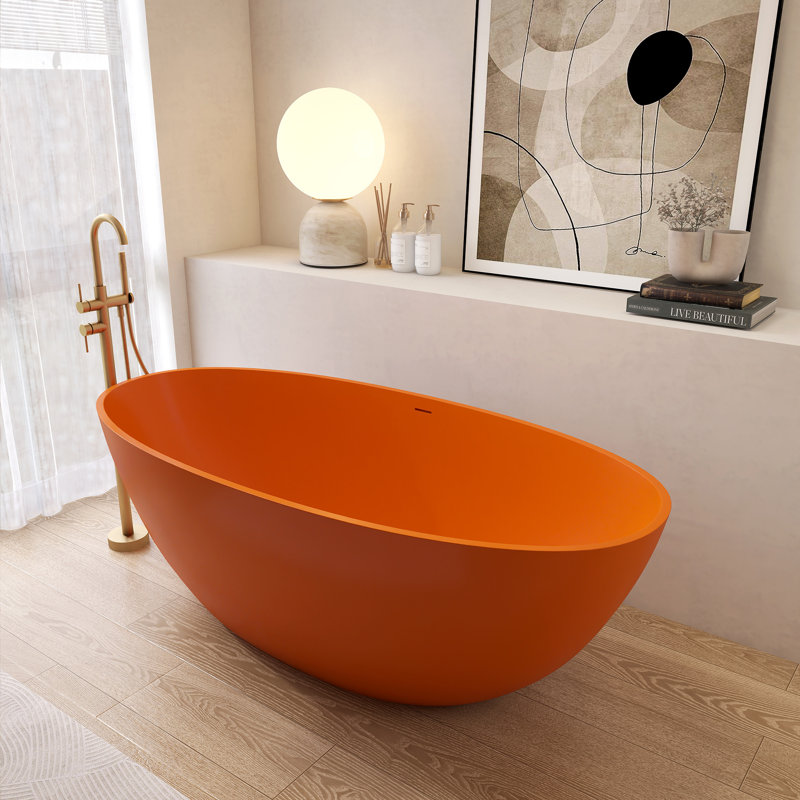 65'' Freestanding Tub Solid Surface Resin Stone Soaking Bathtub, Orange