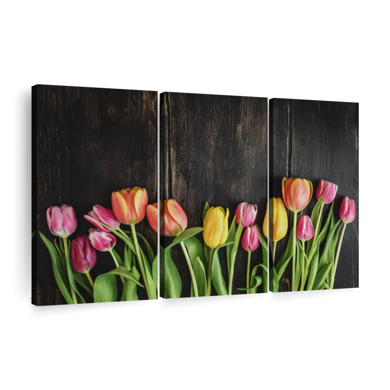 "Tulipes sur bois" 3 pièces, H 24 po x l 38 po x P 1,25 po
