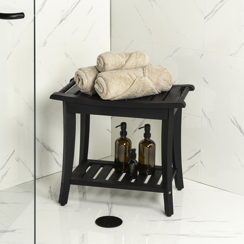 Tucker Modern 22" Black Acacia Wood Shower Bench with Storage Shelf, Water-Resistant 2-Tier Spa Bath Stool for Bathroom and Outdoor Use
