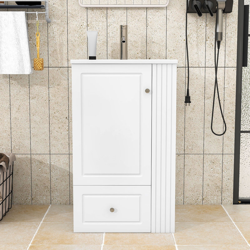 Meuble-lavabo autoportant moderne avec lavabo en céramique, tiroir à fermeture en douceur et tablettes latérales ouvertes