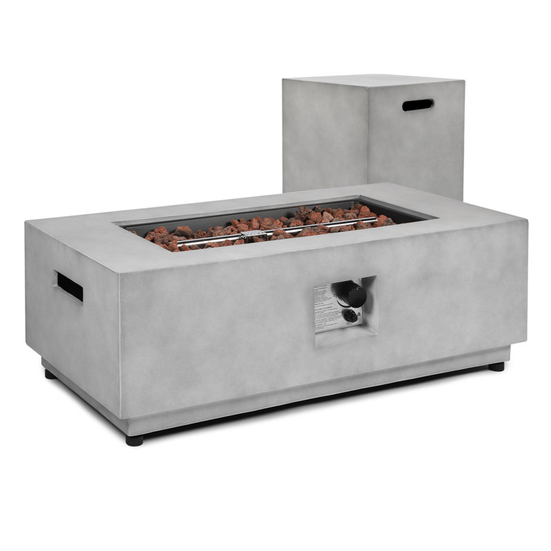42" Outdoor Propane Fire Pit table with Tank Cover Table, 50,000 BTU, Concrete Rectangular Gas Firepit with Steel Lid, Rain cover & Lava Rocks