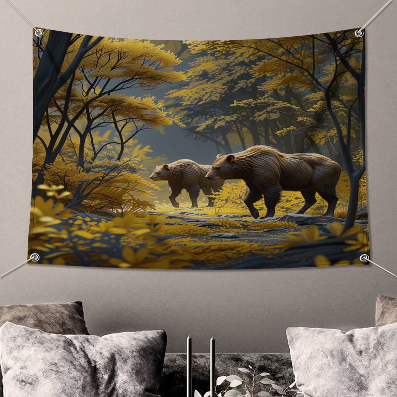 Tapisserie «Bears In Autumn Forest» - Décoration murale ours, 104in H x88 with 4 Grommets
