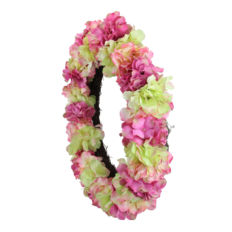 Hydrangea Twig Artificial Floral Wreath, 5" H x 18" W x 18" D, Pink/Purple