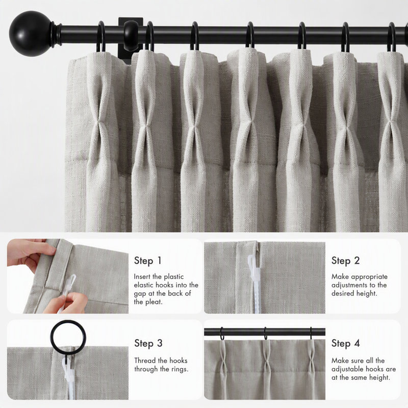 Rideau en lin 2 pièces 300 g / m² avec 7 plis par pièce, gris
