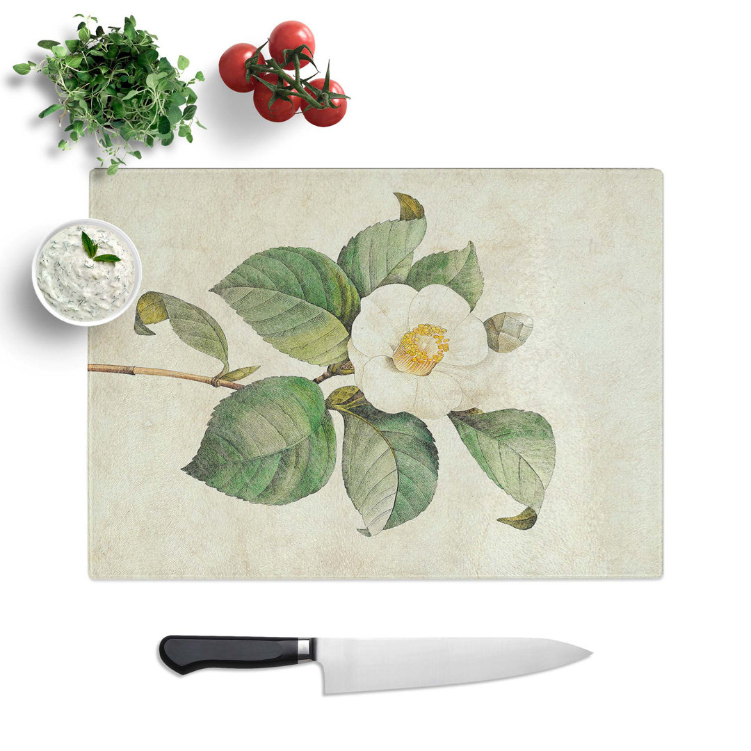 Glass Japanese Camellia in White by Pierre-Joseph Redoute Chopping Board