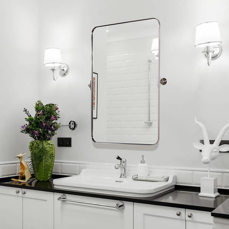Miroir de salle de bain mural moderne inclinable | Cadre pivotant en acier inoxydable, Nickel brossé, 30 po x 20 po