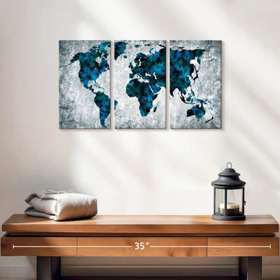 " Dark Blue Blend World Map Multi Piece Canvas Print " 3 - Pieces