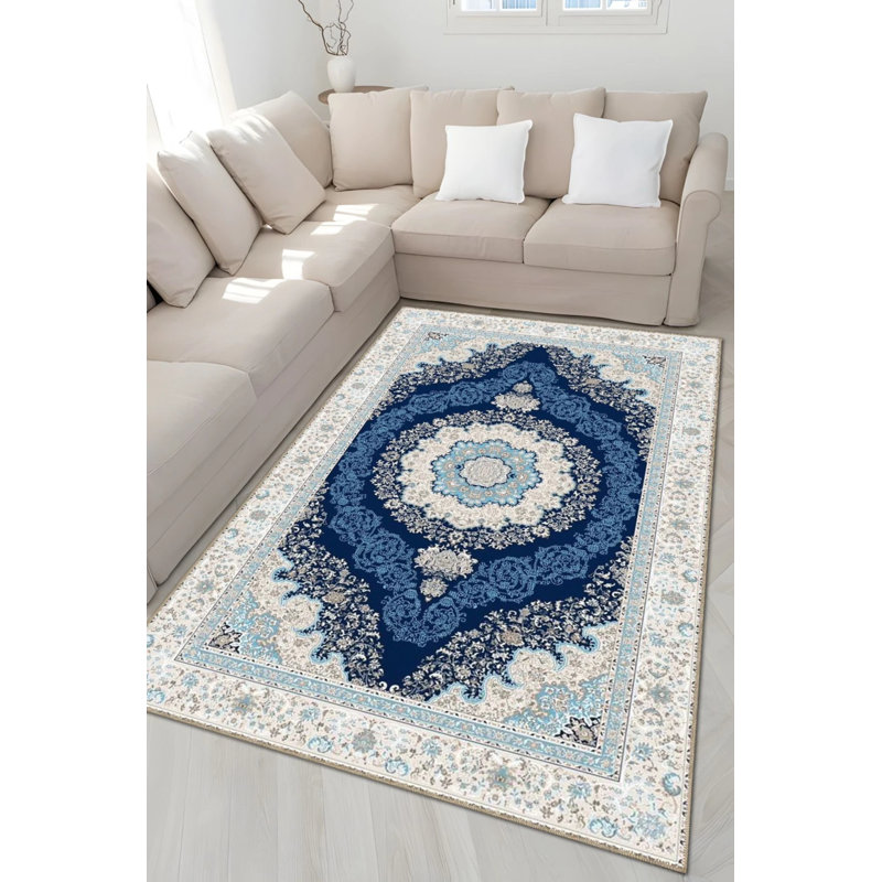 Tapis décoratif à motif floral à motif traditionnel bleu et beige, Rectangle 2 pi 4 po x 4 pi