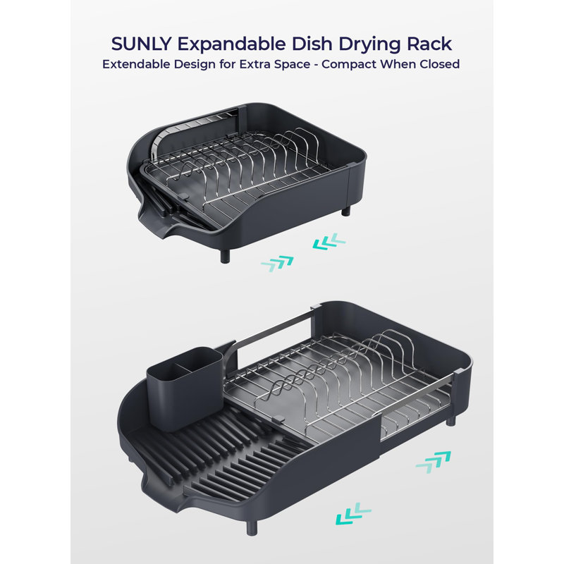 Expandable Deep Gray Stainless Steel Dish Drying Rack with Utensil Cup