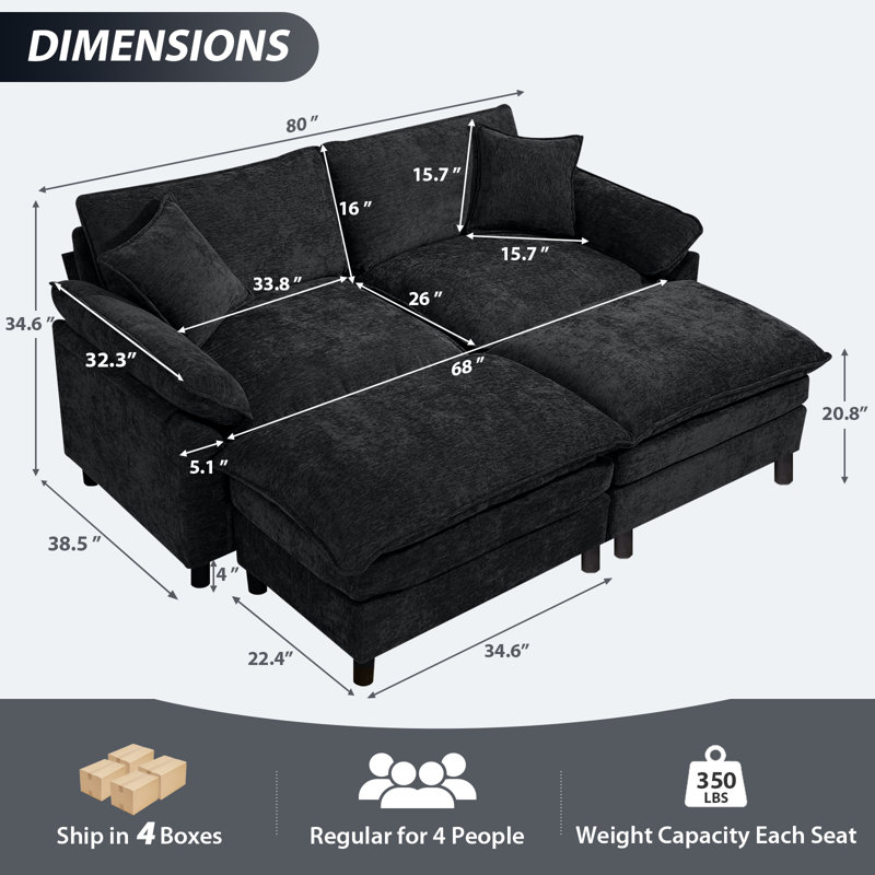 Upholstered U-Shape Sectional With Two Ottomans, Black Chenille, 34.6" H x 80" W x 57.8" D