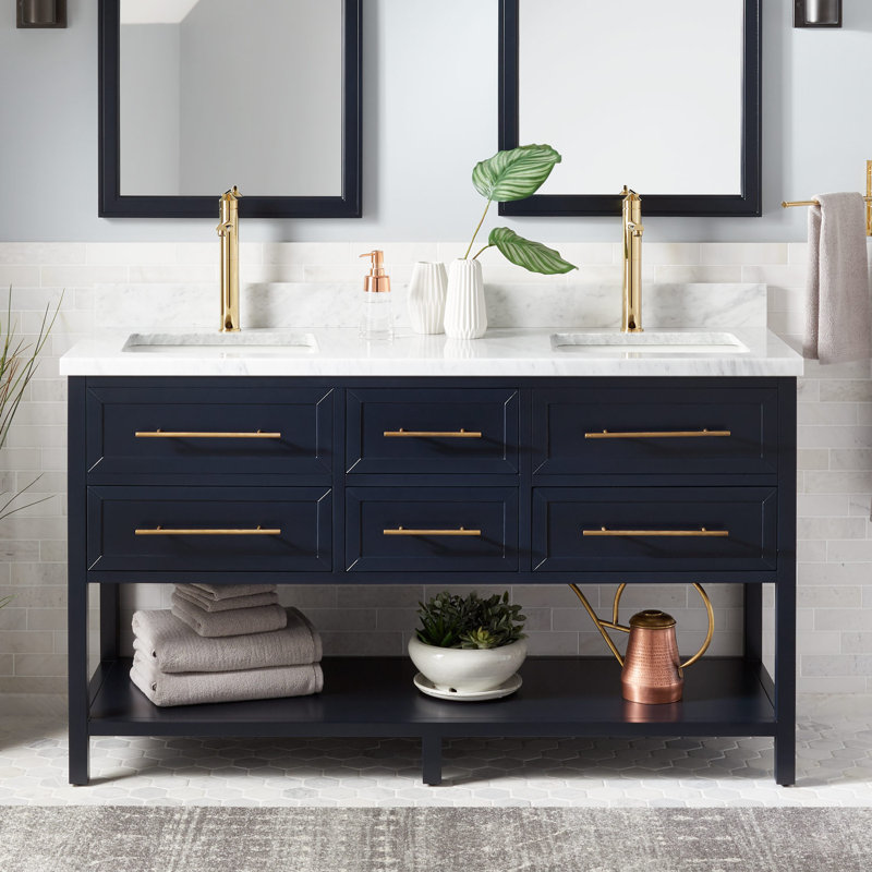 60" Robertson Double Bathroom Vanity Set with Rectangular Undermount Sinks, Single Hole, Midnight Navy Blue, Carrara Marble