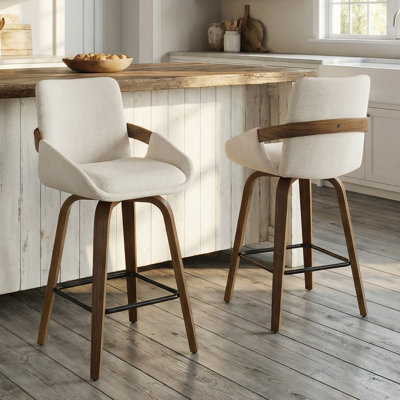 26" Swivel Upholstered Counter Stool with Walnut-Finish Bentwood Accent