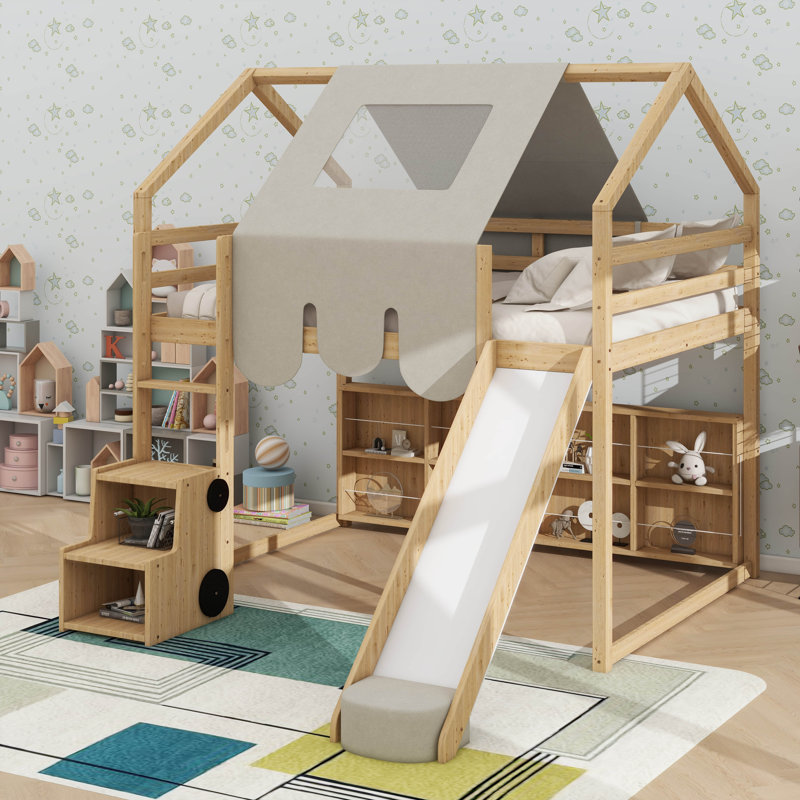 Lit mezzanine en bois avec cadre en forme de maison et auvent de style tente, Lit double, Naturel / Beige