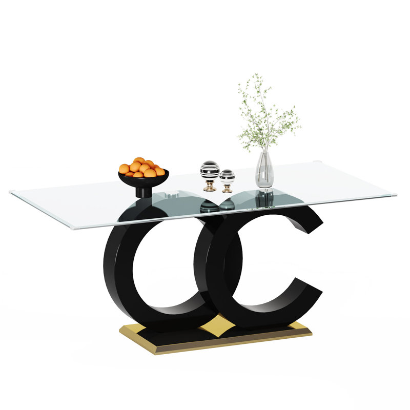Superbe table de salle à manger noire avec verre trempé et base spéciale au design moderne doré et noir, Or/noir
