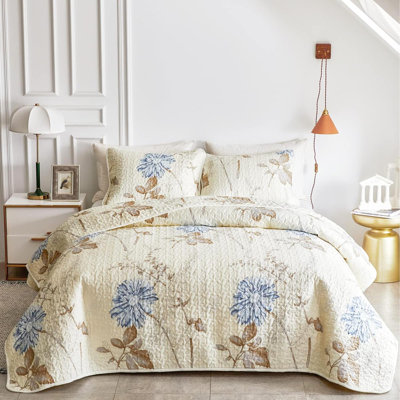 3 Pieces Microfiber Quilt Set, Elegant Flower Botanical Reversible Design, Bedspread Bed Cover For All Season, 1 Quilt And 2 Pillow Shams