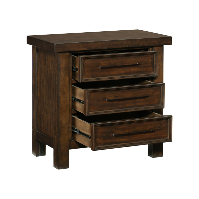 Table de chevet 3 bruns, placage de bois de manguier, 3 tiroirs